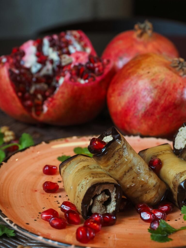 Close-up of an Eggplant Rolls with Pomegranate